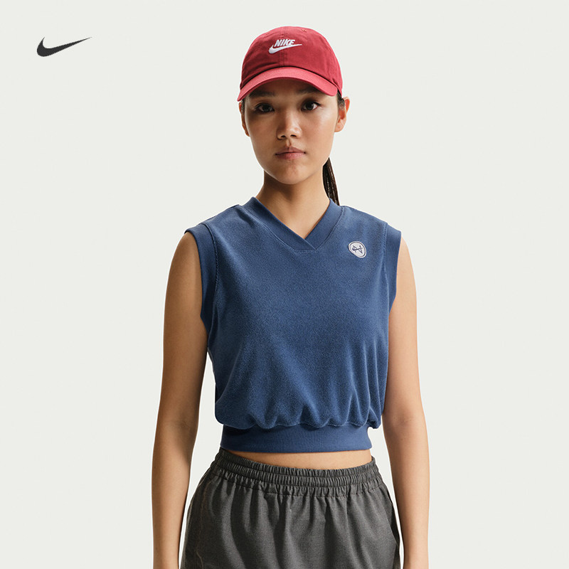 耐克/NIKE女子运动休闲新款毛巾布V领无袖背心上衣IF0574-133-461