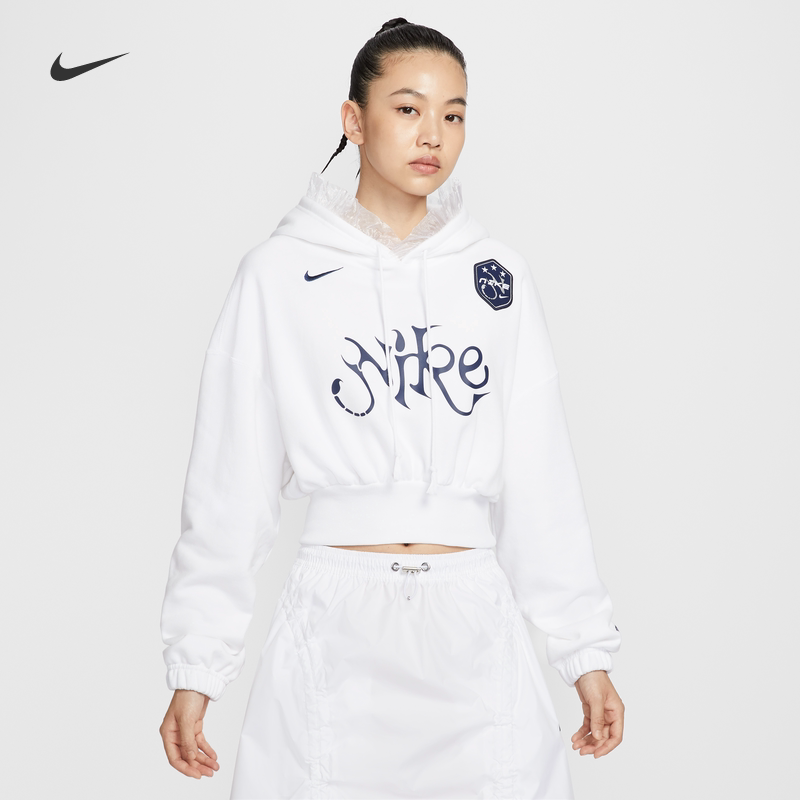 耐克/NIKE女子运动宽松休闲蕾丝短款印花连帽卫衣IO0468-100-410