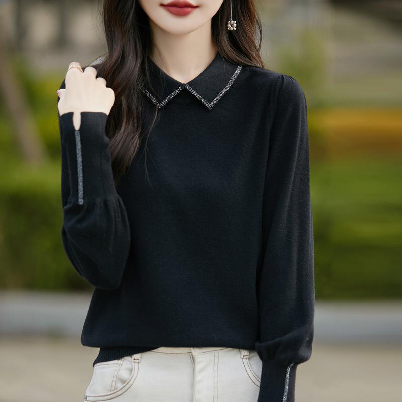 气质polo翻领针织打底衫女毛衣秋冬设计感灯笼袖烫钻上衣宽松显瘦