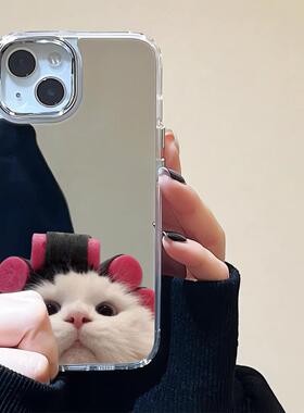 新款可爱卷发猫咪镜面适用A73三星S25ultra手机壳S24+镜子S23简约S22+创意note20防摔A55小众A54网红A53女A52
