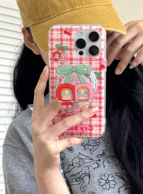 红格纹樱桃哭泣女孩磁吸支架适用Realme真我GTneo6手机壳GT5创意NEO7SE女款GT7pro大师V70/12新款Q5s防摔GT2p