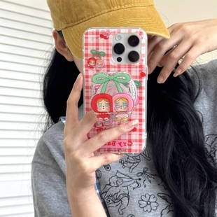 S25ultra 22少女A51防摔21fe Note20手机壳A34新款 S23创意S20 A54 A55 格纹樱桃哭泣女孩磁吸支架适用三星S24