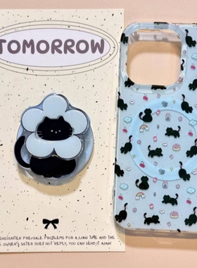 ins可爱云朵小黑猫磁吸支架适用1加15/ACE6T一加Turbo6V手机壳13T/12/10R女11新款oneplusACE5/3Pro保护套2V