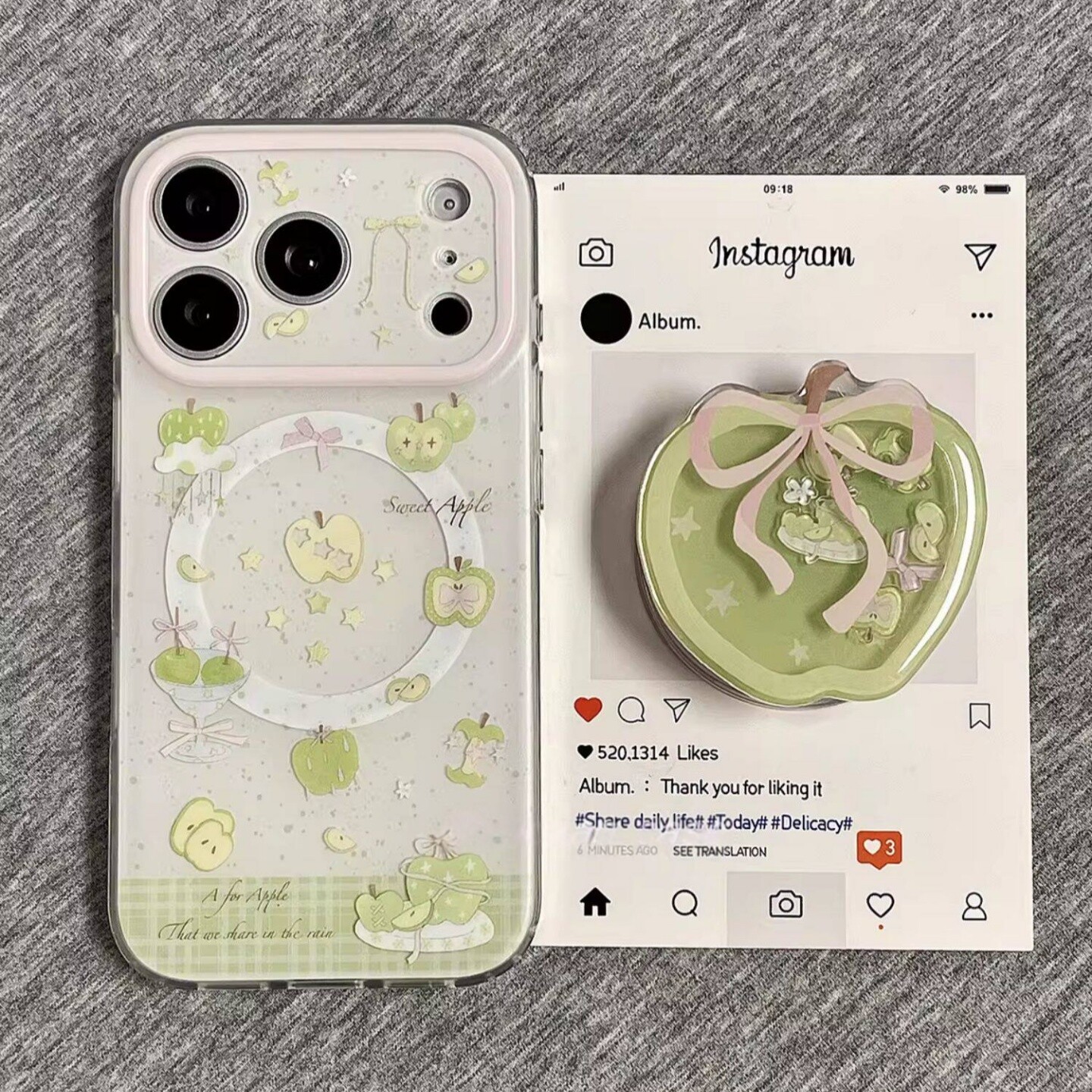 韩风清新绿格子青苹果磁吸支架适用OPPO A6/5/Reno15/14/13F/K15手机壳findX9Pro/X7ultra新款A3X防摔X8S+A58