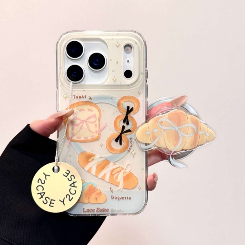 卡通吐司蝴蝶结牛角包磁吸支架适用三星S25+/S24ultra/Note20/S22手机壳A25新款S23女A71可爱S21fe防摔A53/16