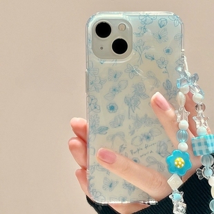 双层IMD艺术蓝色花朵带链条适用IQOO13/Z9TURBO+手机壳IQOO NEO9小众7SE/8/13女10PRO创意Z3防摔U5e/11S/9PRO