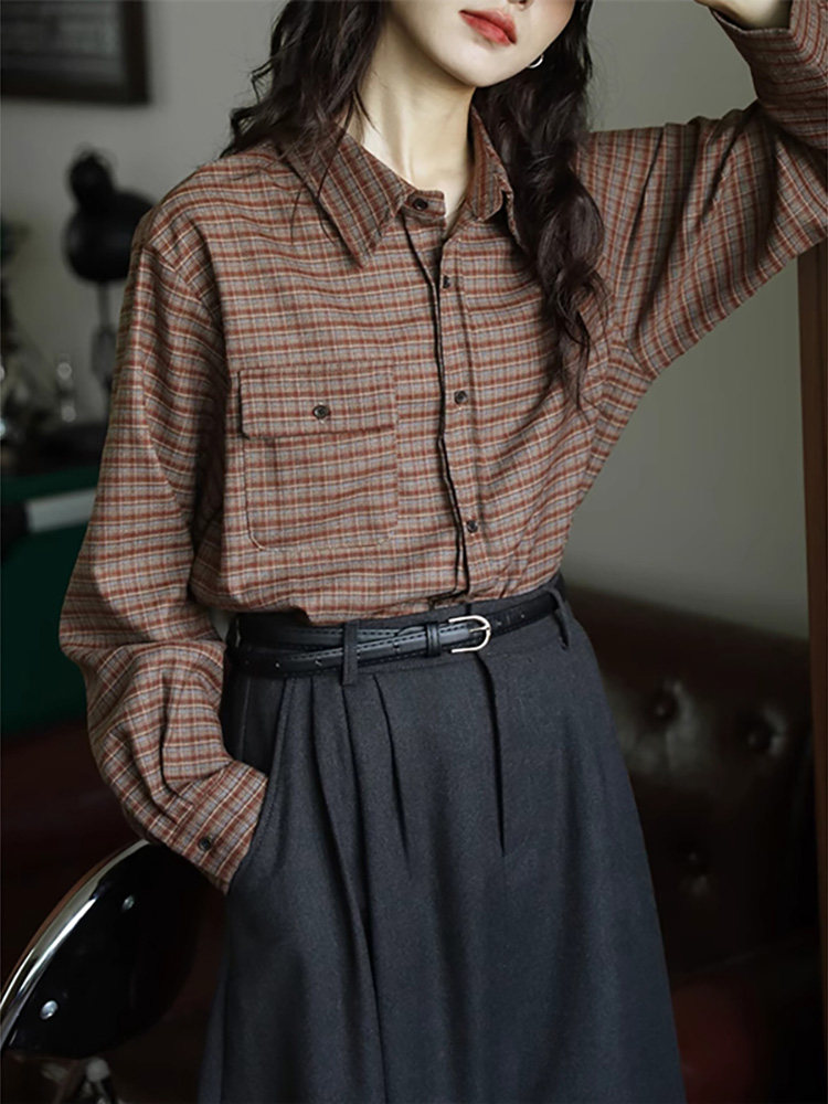 别致小众格子覆古长袖衬衫秋季新款女独特上衣Polo领衬衣宽松显瘦,女装/女士精品,大码内搭,淘宝优惠券,粉丝福利购,淘宝优惠卷