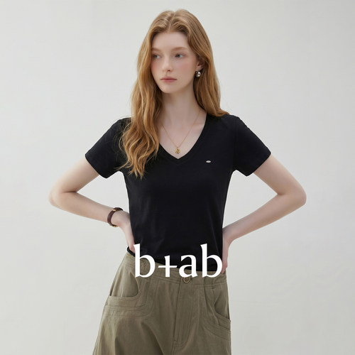 itb+ab黑色v领短袖t恤女夏季