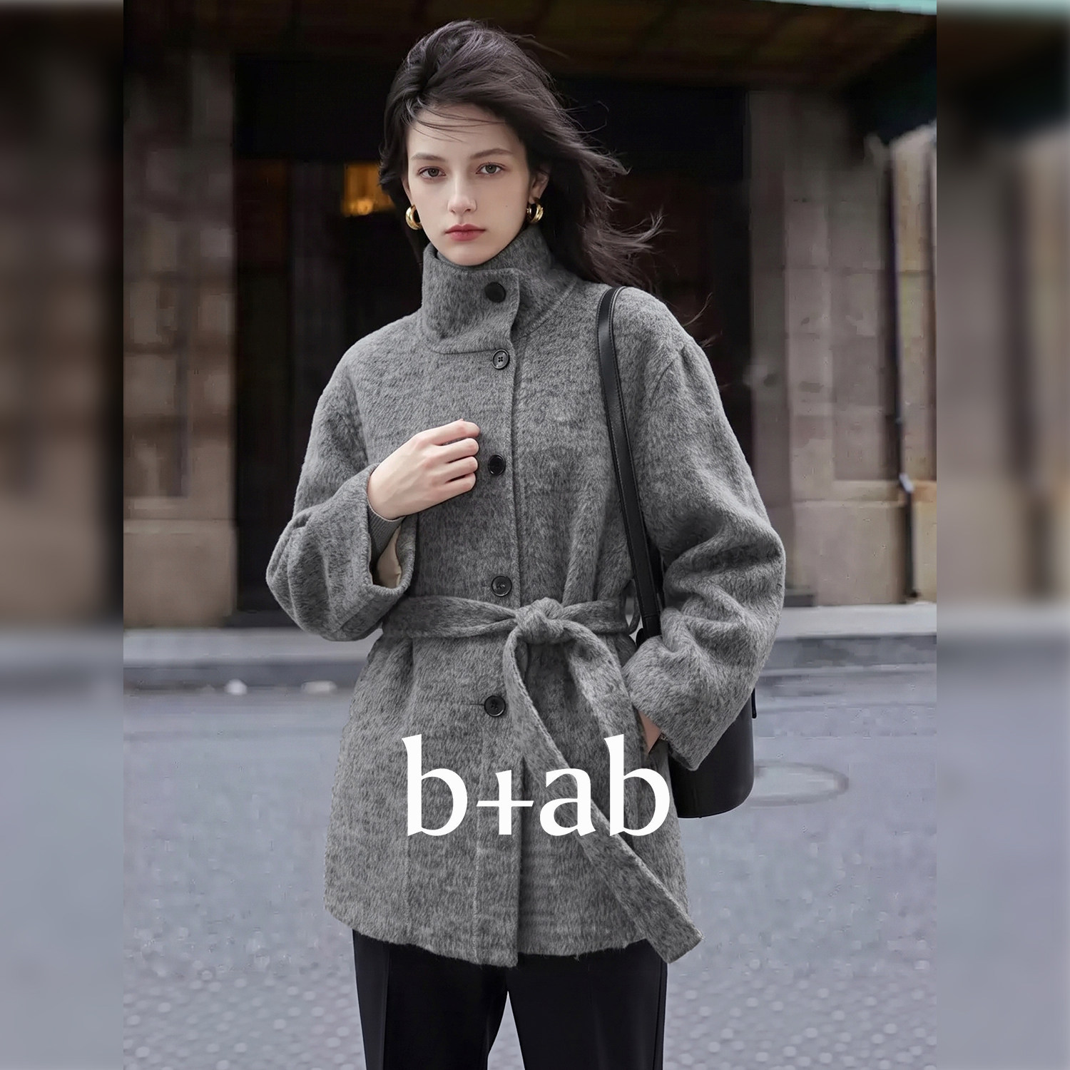 it b+ab 2026冬季新款毛呢大衣女翻领中长款宽松显瘦休闲百搭外套