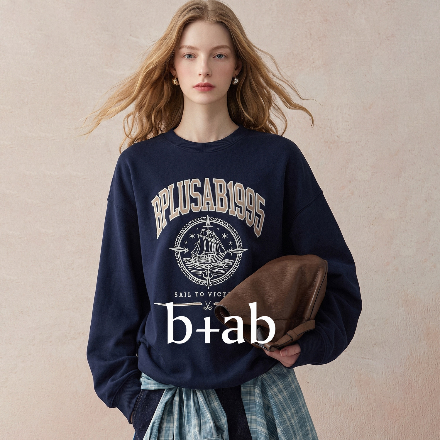 it b+ab 2026冬季蓝色帆船印花圆领卫衣女学院风宽松套头上衣潮