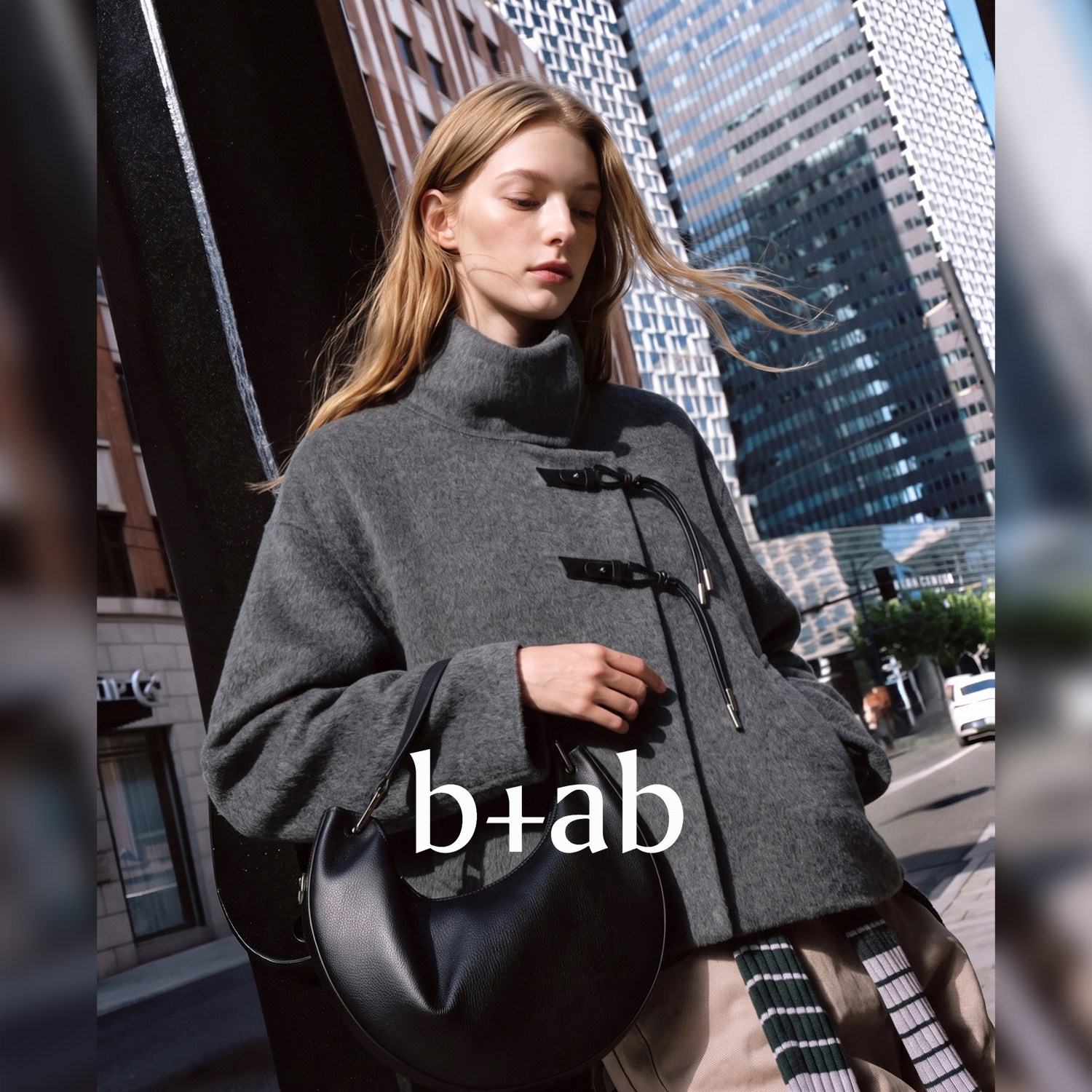 it b+ab 2026冬季新款灰色毛呢大衣女立领盘扣短款复古休闲外套