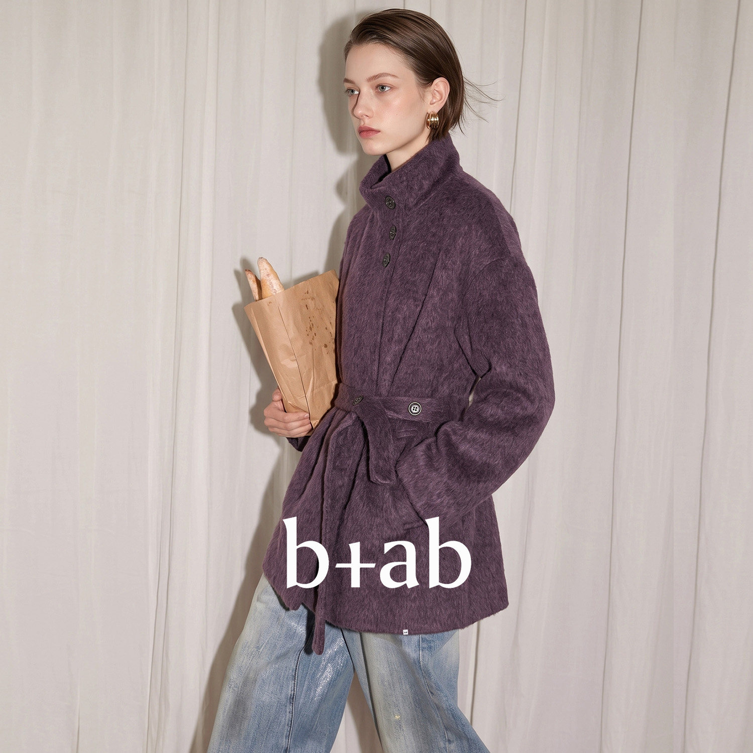 it b+ab 2026冬季新款毛呢外套中长款系带高领宽松女款外穿上衣款