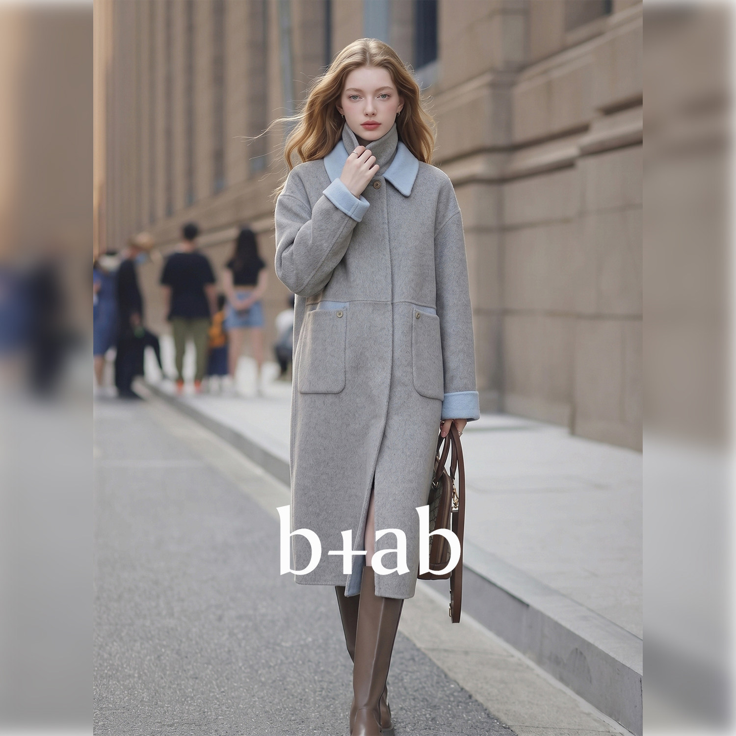 it b+ab 2026冬季新款浅灰色毛呢大衣女撞色翻领长款宽松通勤外套