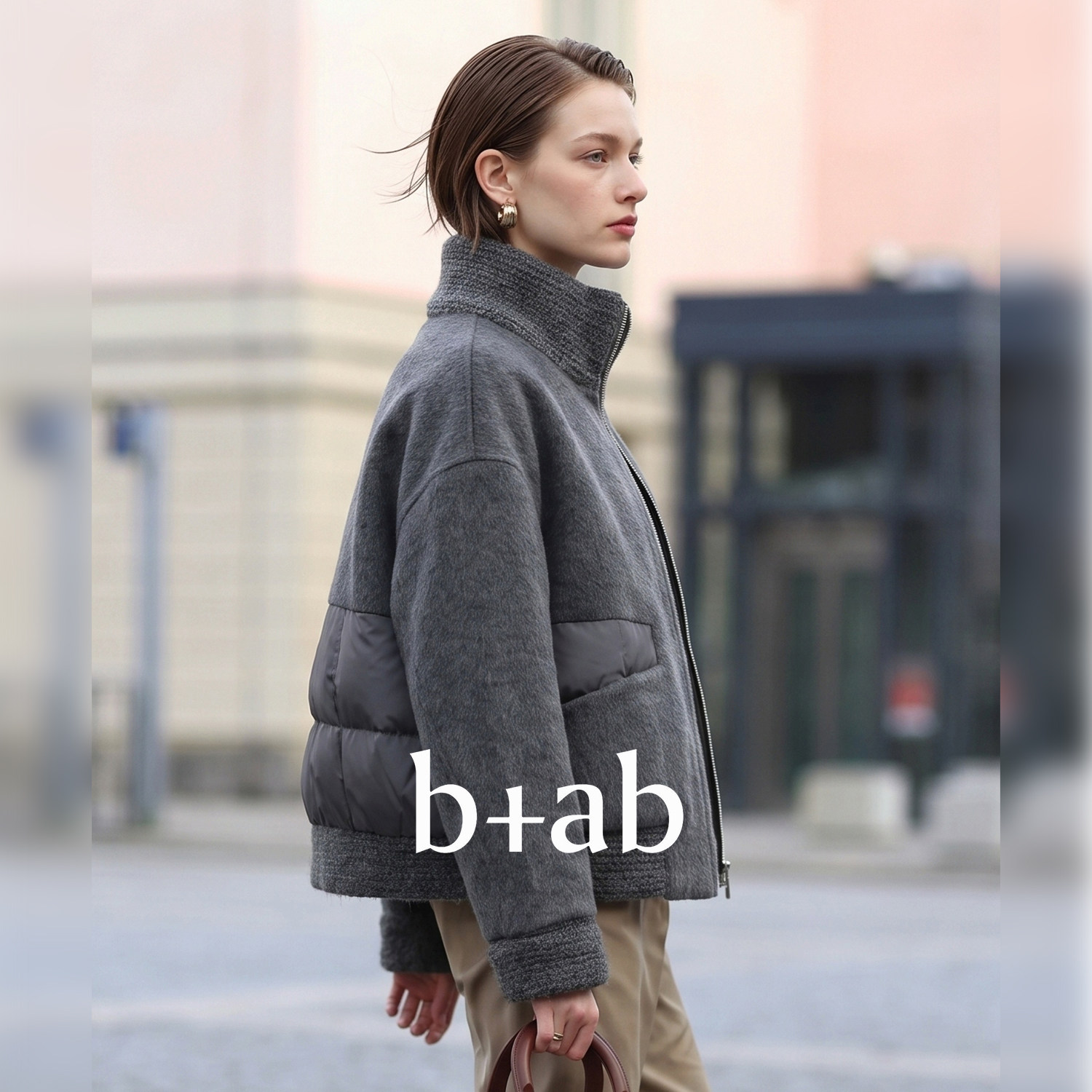 it b+ab 2026冬季新款深灰色毛呢大衣女立领拉链短款厚实百搭外套