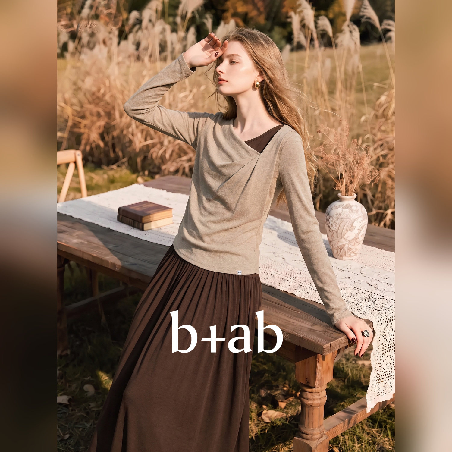 it b+ab2026秋季新款撞色拼接裙子套装女斜领修身大摆气质长裙