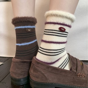 水貂绒条纹袜子女秋冬egg纽扣棉质中筒袜欧货复古植绒堆堆袜保暖
