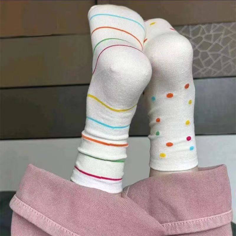 纯棉彩条袜子女夏季彩色点点棉袜潮日系可爱简约学生条纹中筒袜