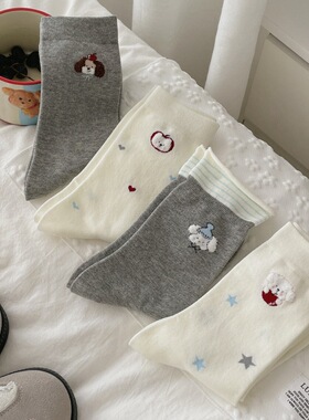 可爱袜子女棉袜白色苹果灰色狗中筒袜子ins潮日系卡通学院风长袜