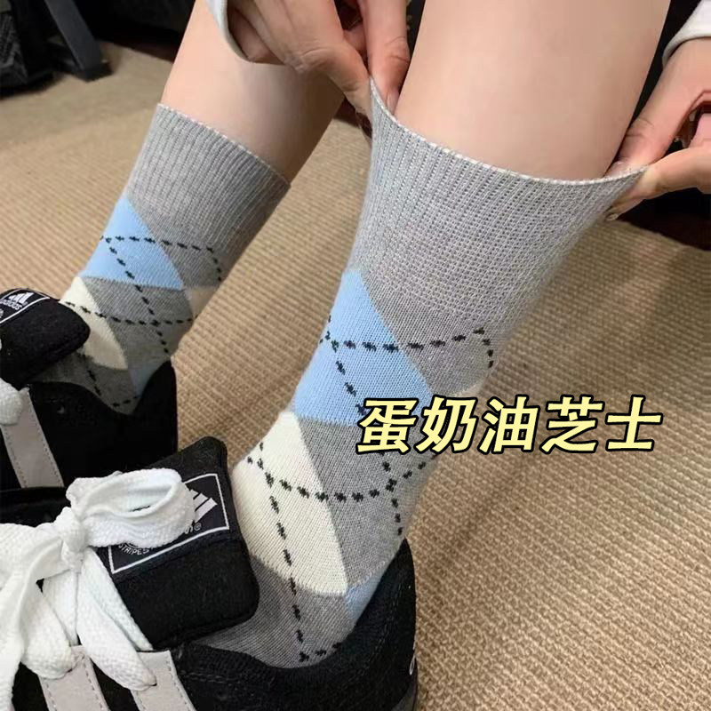 秋季美拉德袜子女学院风菱形格纹线条拼色日系简约中筒堆堆袜潮流