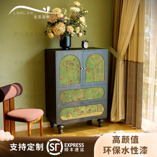 法式复古绿色实木圆弧收纳斗柜