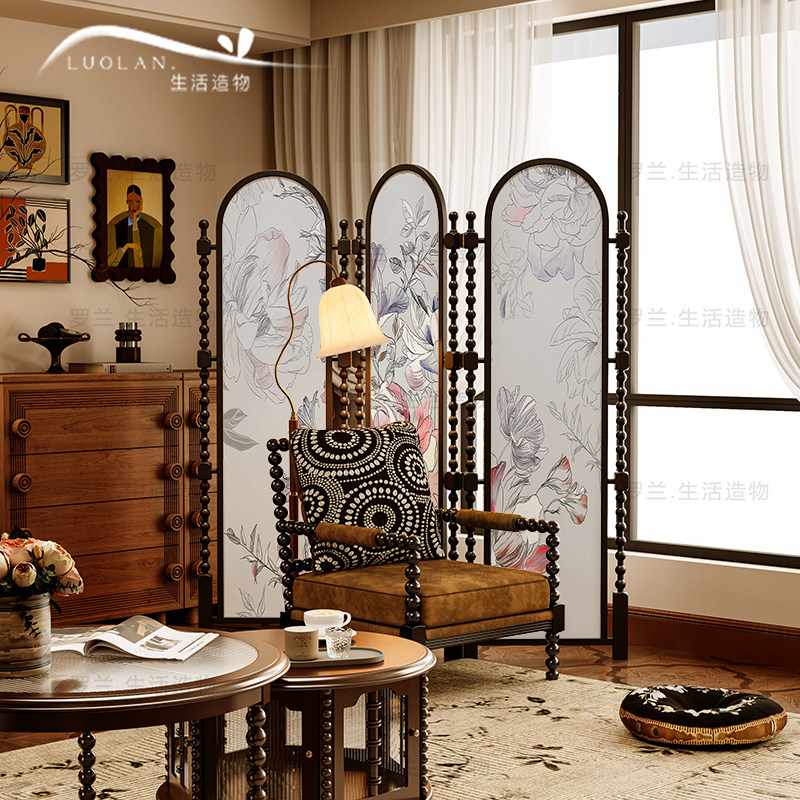 美式复古实木折叠屏风隔断客厅卧室玄关家用法式中古风可移动折屏