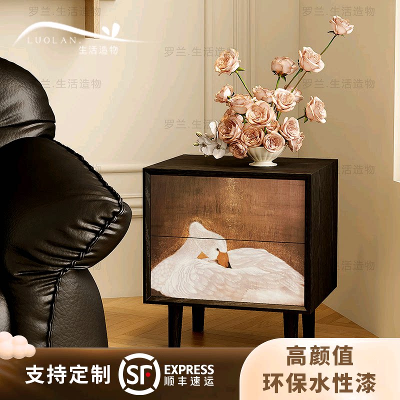 法式复古风梦幻天鹅家用卧室实木按压双门床头柜客厅收纳储物柜子
