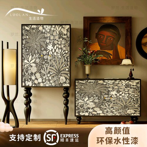 法式奶油风实木高脚收纳斗柜