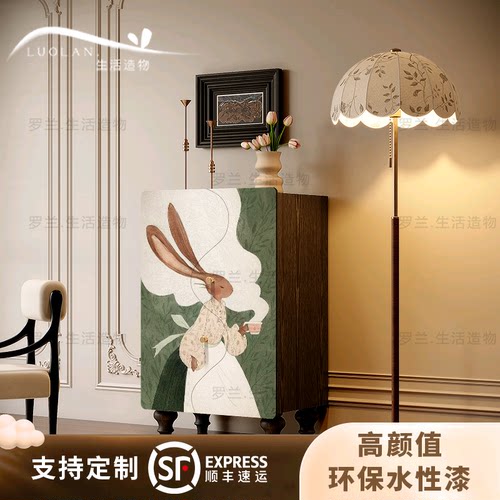 法式奶油风兔子实木角落储物柜