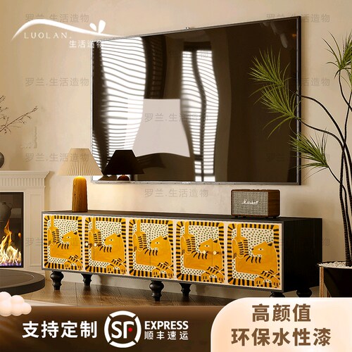 现代轻奢设计师款实木电视柜旁收纳展示书柜客厅一体储物装饰柜子