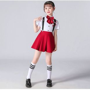 儿童演出服中小学生背带裤 朗诵红色礼服幼儿园合唱团红歌表演服装