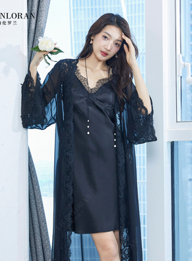 海伦罗兰女士100%桑蚕丝乔其黑色度假长袖性感夏季睡袍850411305