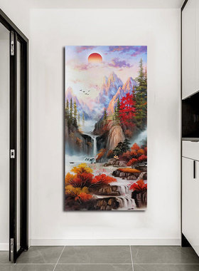 高山流水国画山水画玄关入户装饰画自粘办公室客厅背景墙挂画贴画