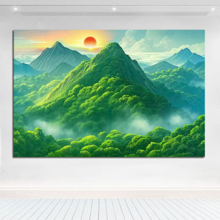 背靠青山大山客厅玄关旺宅挂画绿色森林护眼卧室客厅自然风景壁画