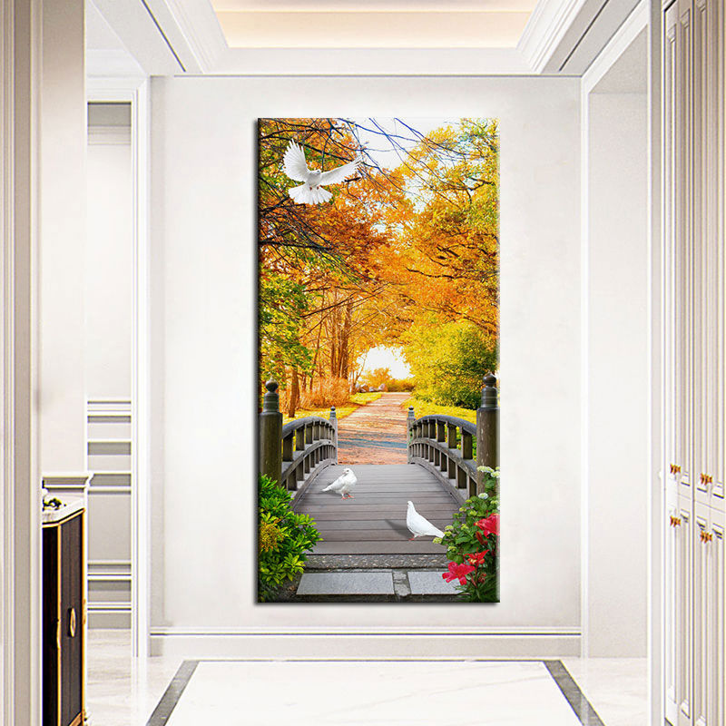 玄关装饰画秋风酒店客厅挂画走廊发财树装饰画现代简约秋景枫叶画图片