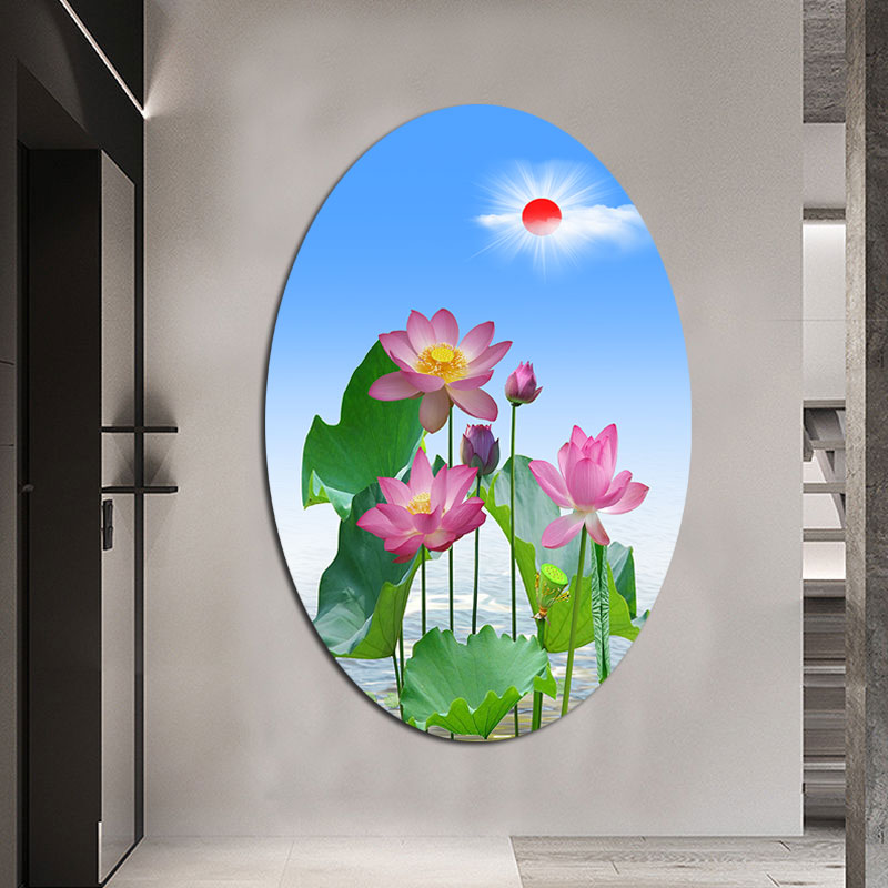 新中式荷花玄关装饰画莲花椭圆形背景墙装饰唯美自粘壁画书房挂画图片