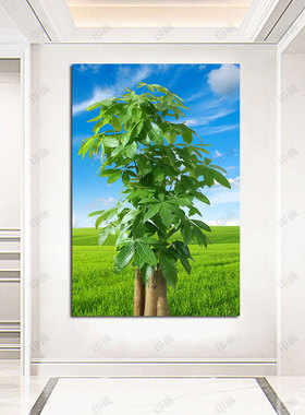发财树招财玄关蓝天白云装饰画小树挂画绿树客厅房间背景自粘贴画