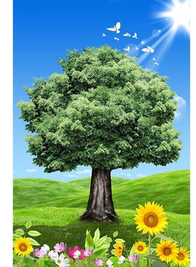 绿色树木护眼防水壁画中式蓝天白云风景贴画客厅沙发玄关挂画Y171