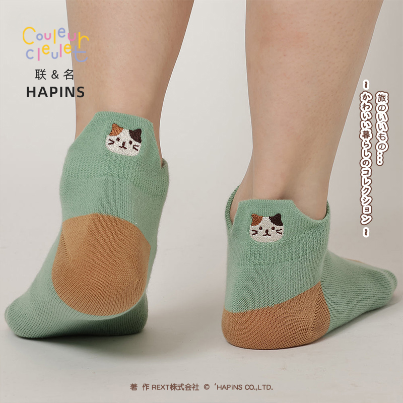 联名日本HAPiNS猫咪袜子女2025夏季猫头刺绣船袜时尚百搭袜薄款猫