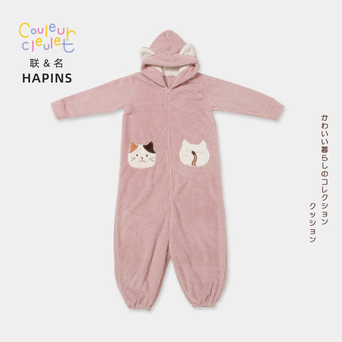 联名HAPiNS猫咪睡衣女冬季加绒加厚新款春秋法兰绒保暖套装家居服