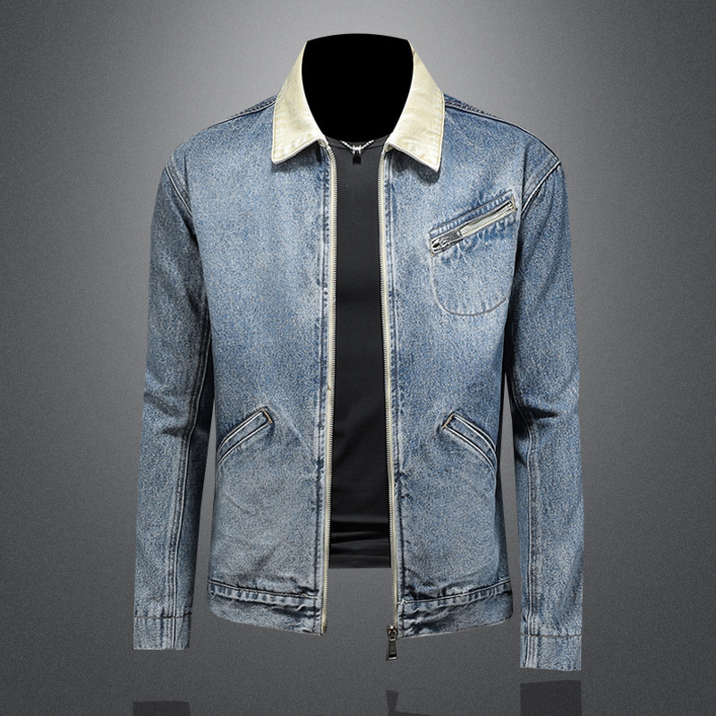美式新款复古水洗牛仔外套男翻领拉链夹克休闲上衣D218-1356-P165，男装工装外套，电商D218