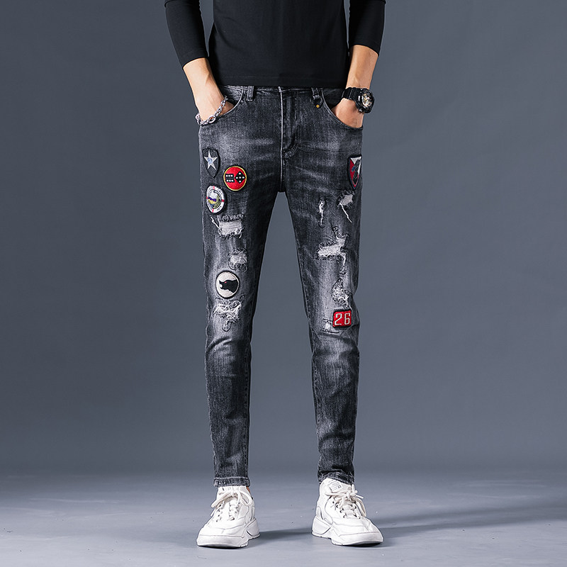 2021款潮牌水洗贴标弹力破洞牛仔裤男微跨小脚裤QT5031-89266-P95,男装牛仔裤,电商D218