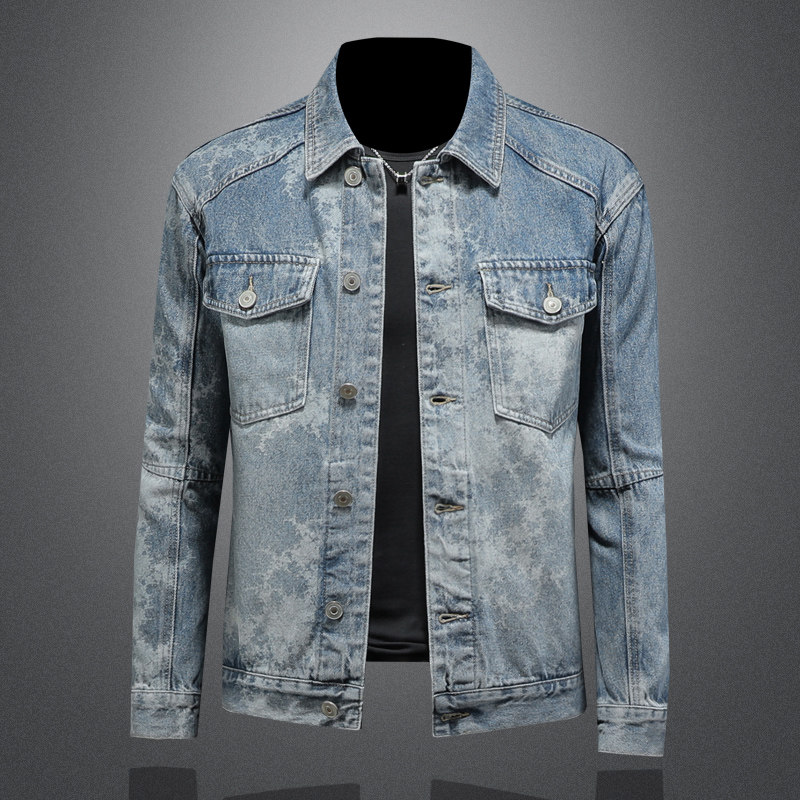 春新款潮牌激光雪花纹时尚牛仔外套男复古夹克上衣D218-1355-P165，男装工装外套，电商D218