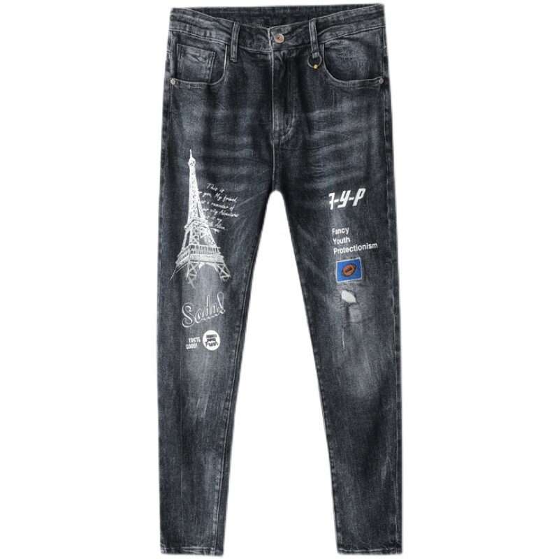 2021春款潮牌印花弹力牛仔裤男微跨小脚裤QT5031-89309-P95,男装牛仔裤,电商D218