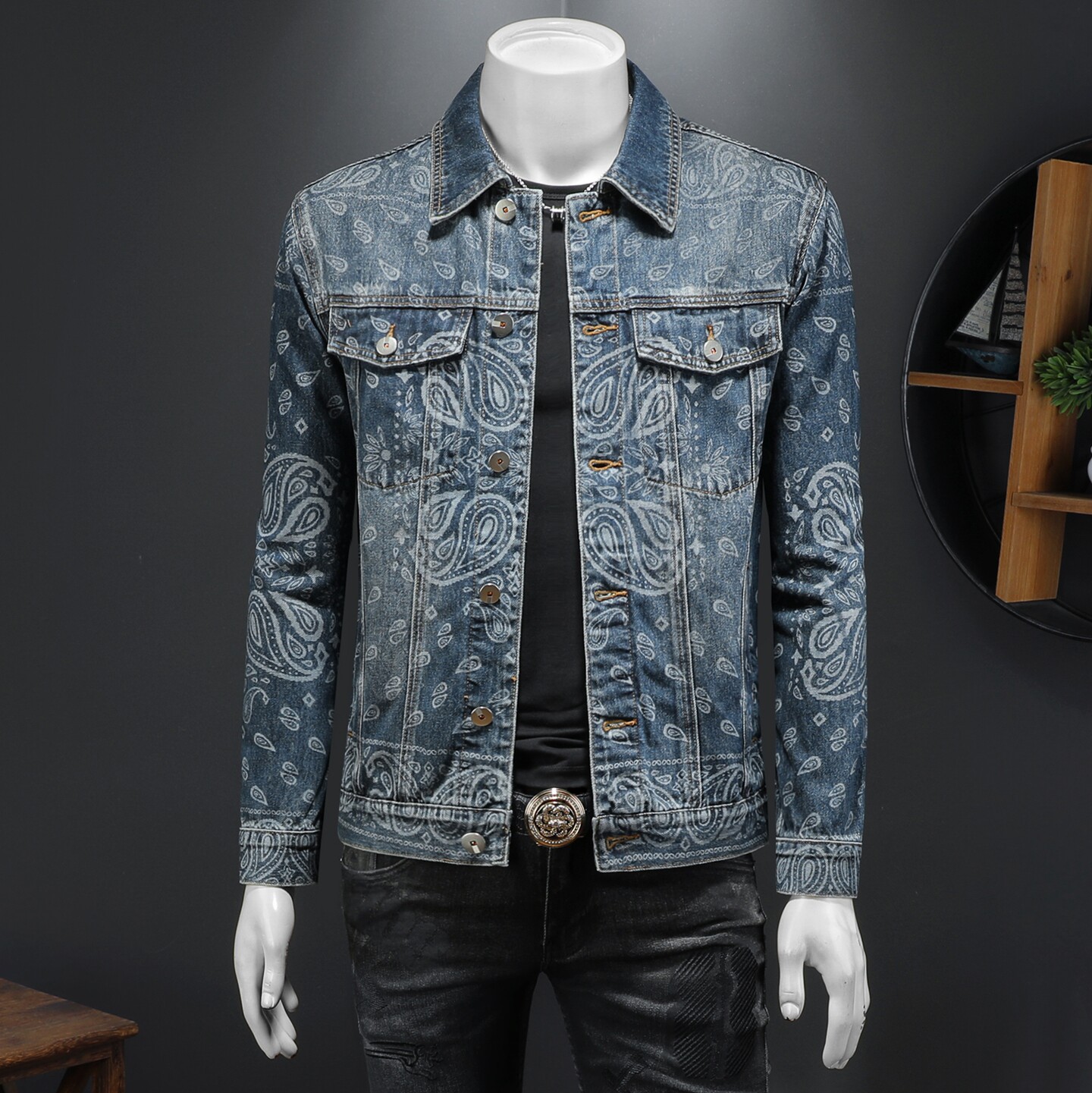春新款蓝色轻奢激光腰果花满印牛仔夹克潮酷外套D218-1301-P170，男装夹克，电商D218