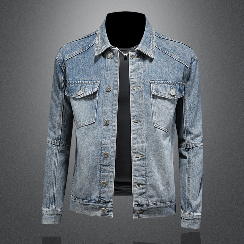 新款复古牛仔风翻领夹克男水洗机车外套男潮流百搭D218-1353-P145，男装夹克，电商D218
