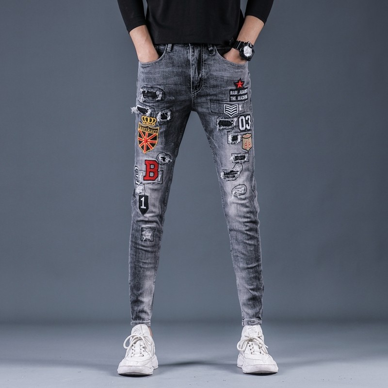 2021春夏潮款刺绣弹力牛仔裤男微跨小脚裤QT5031-89183-P110图片