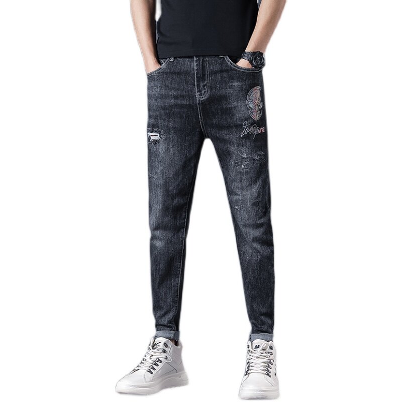 2021新款潮牌水洗烫钻弹力牛仔裤男微跨小脚裤QT5031-86385-P95,男装牛仔裤,电商D218