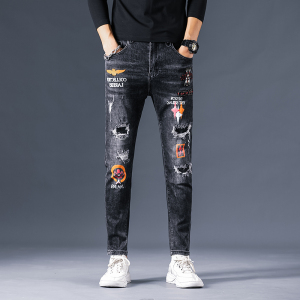 2021款潮牌水洗破洞印花牛仔裤男微跨小脚裤QT5031-89276-P110图片