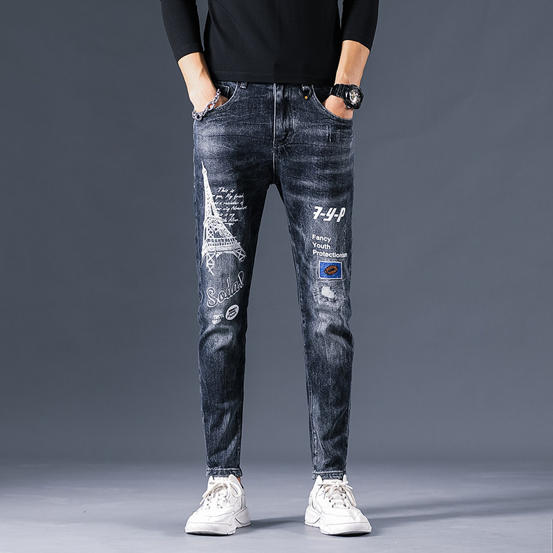 2021春款潮牌印花弹力牛仔裤男微跨小脚裤QT5031-89309-P95图片