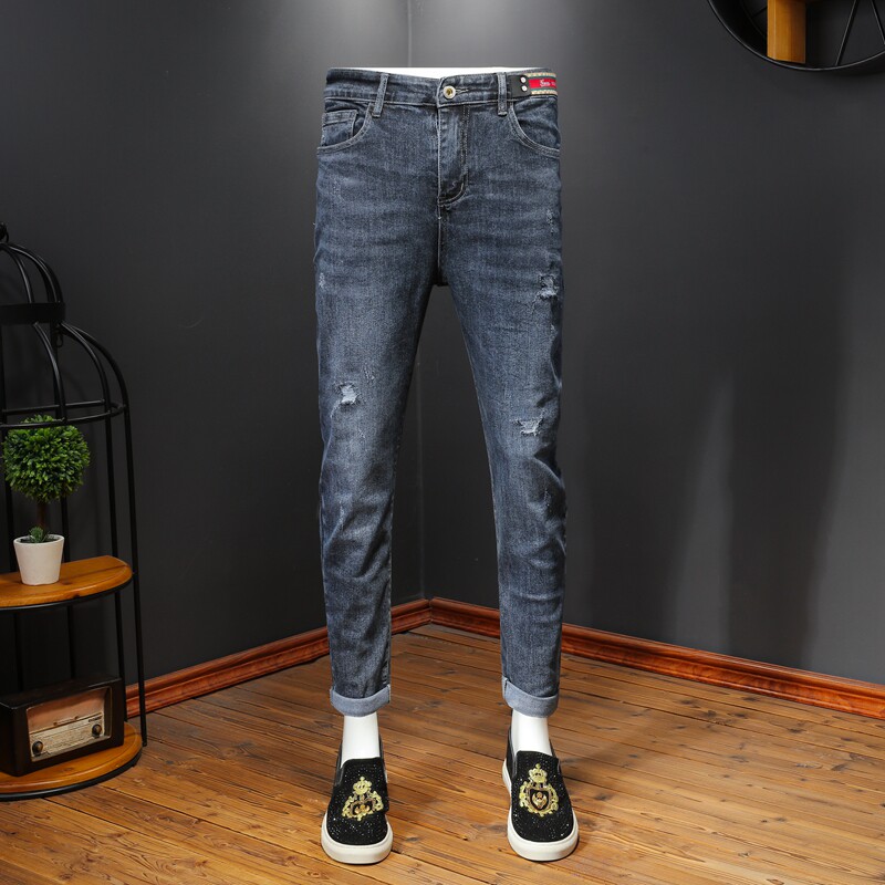 2021春夏新款水洗潮牌弹力牛仔裤男微跨小脚裤裤QT5031-86389-P95图片